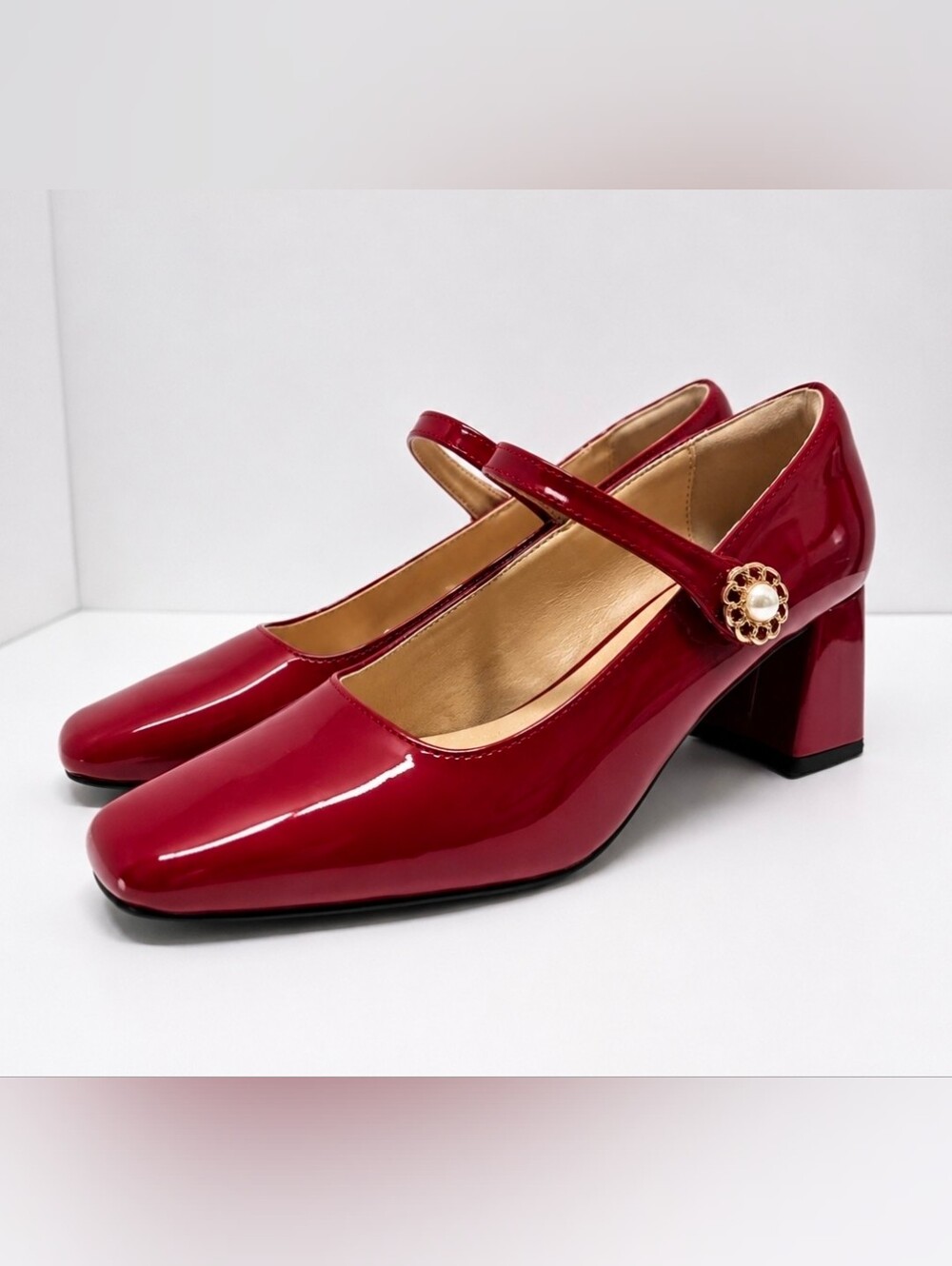 Women's Red Patent Mary Jane Block Heel Pumps